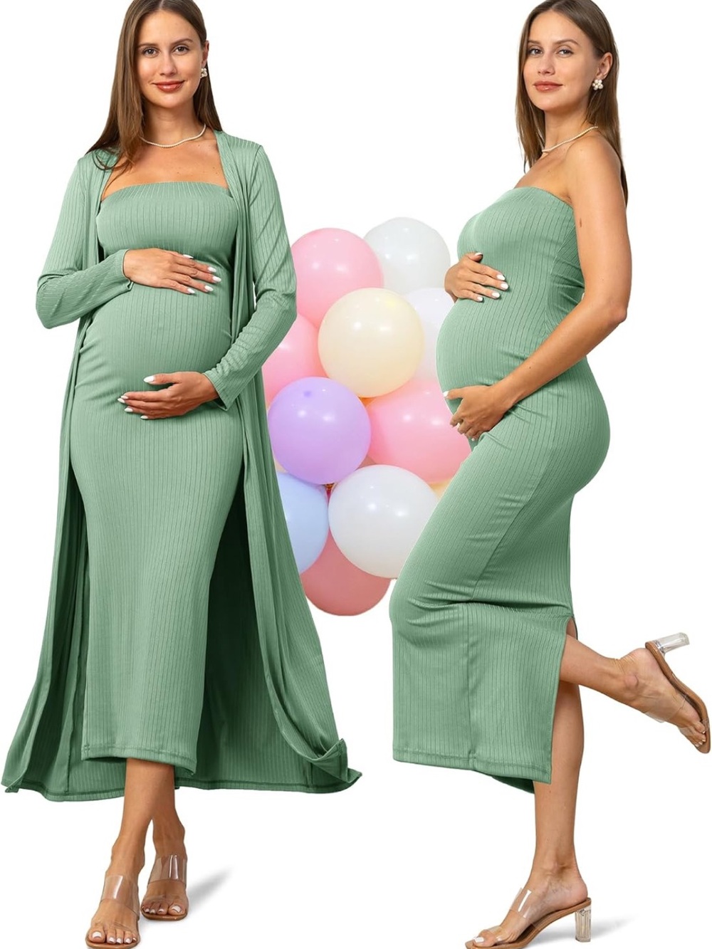 Sage Green Ribbed Maternity Tube Dress with Duster